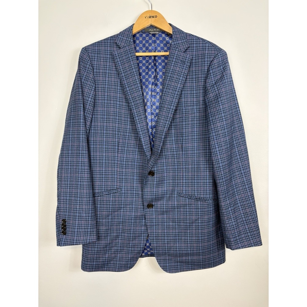 Indochino Sport Coat Mens Sz 42L Plaid Blue 100% Wool‎ Blazer
